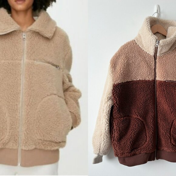 Aritzia Wilfred Free The Teddy Jacket Coat Brown Cream Colour Block Size Large - Picture 2 of 7
